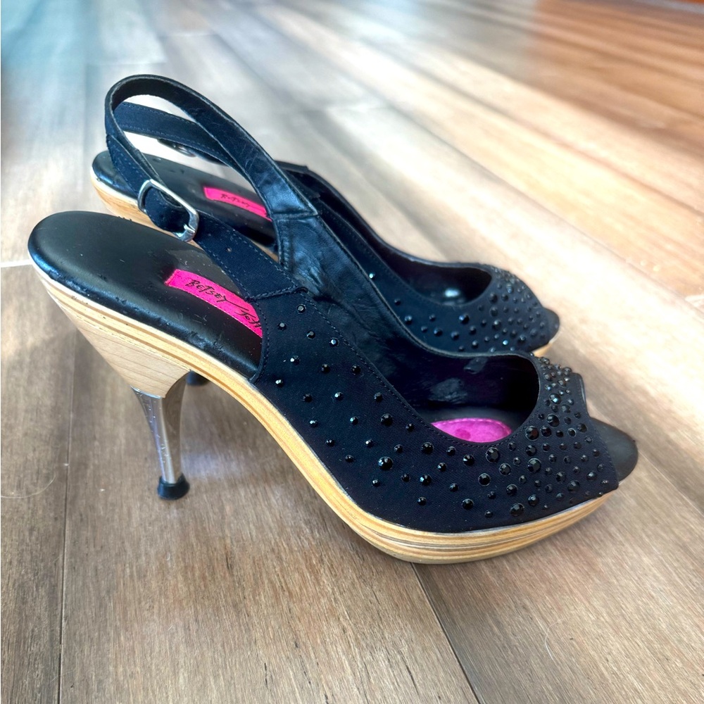Betsey Johnson Black Glitter Polly Strap Heels Size 7